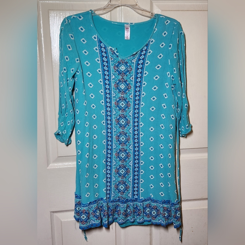 Girls Boho Dress JUSTICE Turquoise Aqua Size 18 Sequins Long Split Sleeve Summer